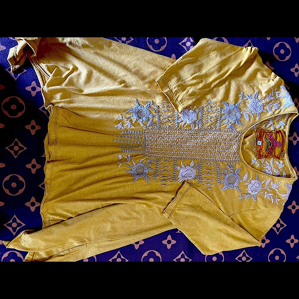 Johnny Was yellow with grey embroidery top